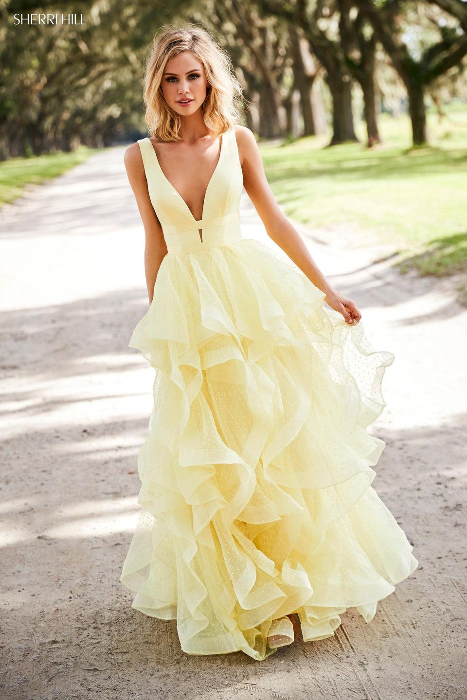 sherri hill Layered ruffle point desprit ball gown with plunging neckline