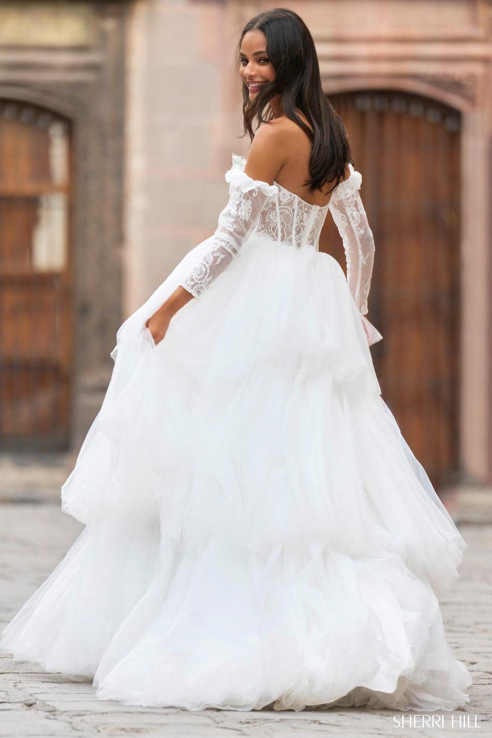 Sherri Hill Layered Tulle Skirt Ballgown With Sheer Lace Corset Bodice And Detachable Sleeves