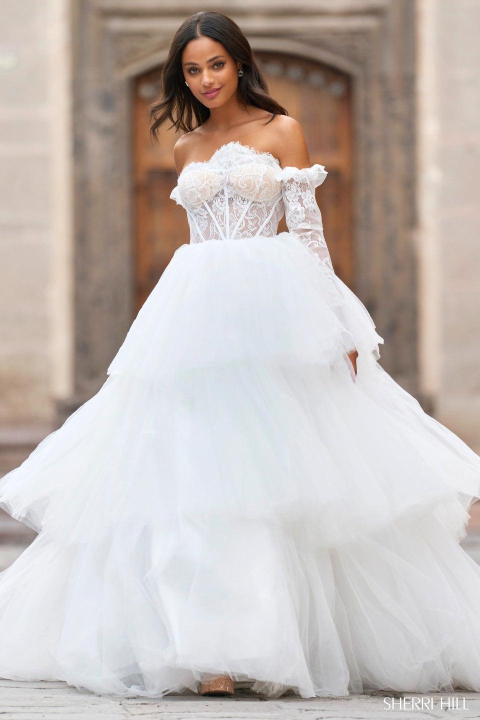 Sherri Hill Layered Tulle Skirt Ballgown With Sheer Lace Corset Bodice And Detachable Sleeves