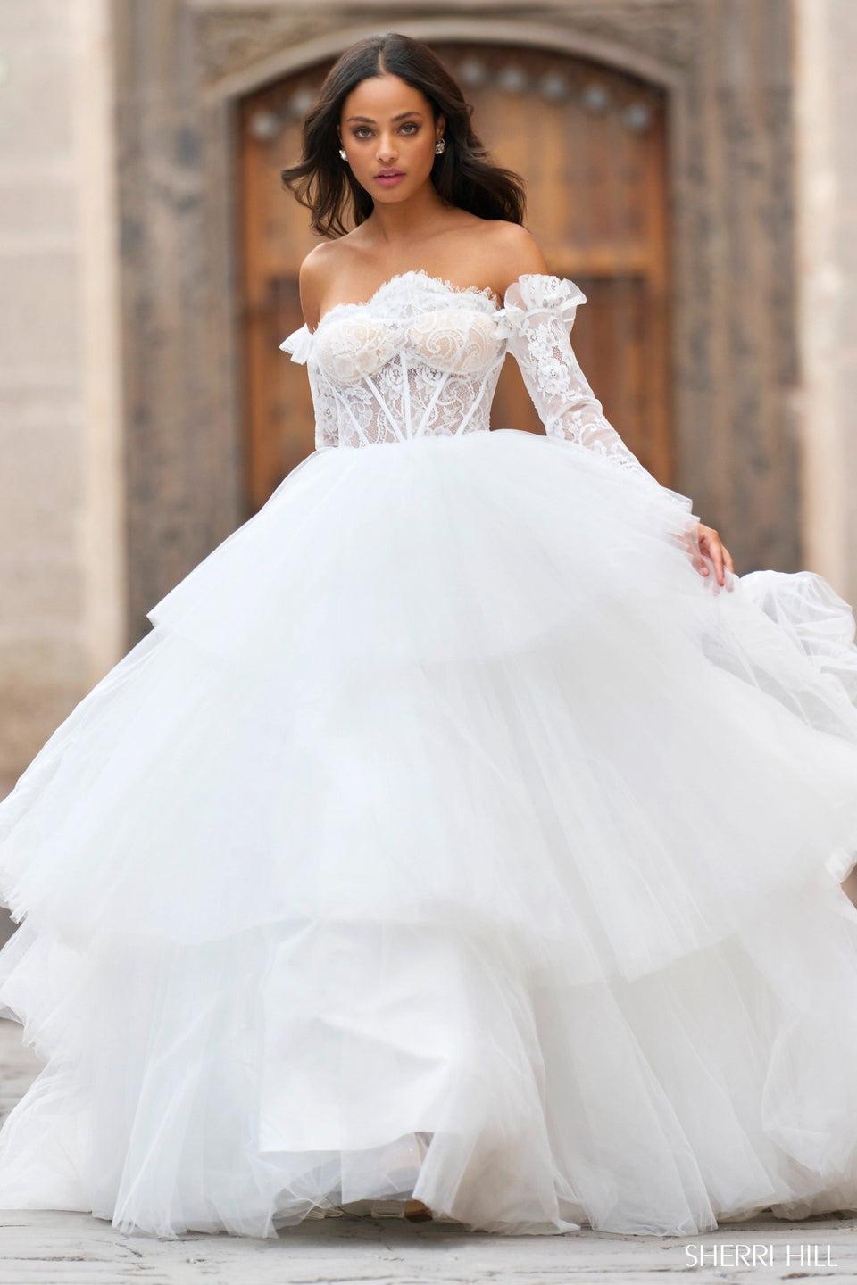 sherri hill Layered tulle skirt ballgown with sheer lace corset bodice and detachable sleeves