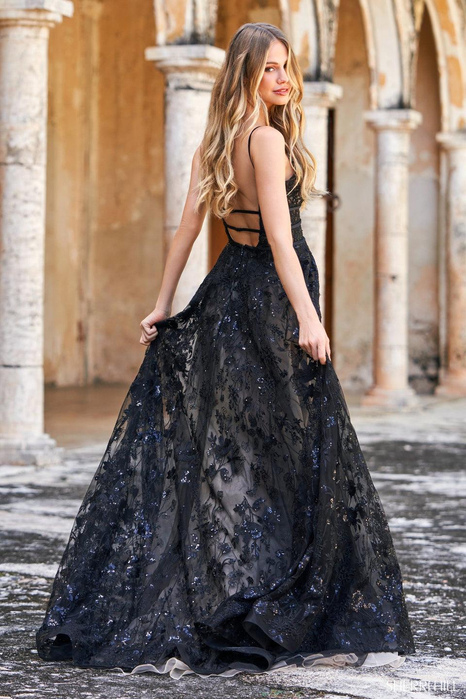 Sherri Hill Leaf Lace A-line Gown With Plunging Deep V-neckline Triple Waistband Skirt Slit And Open Back