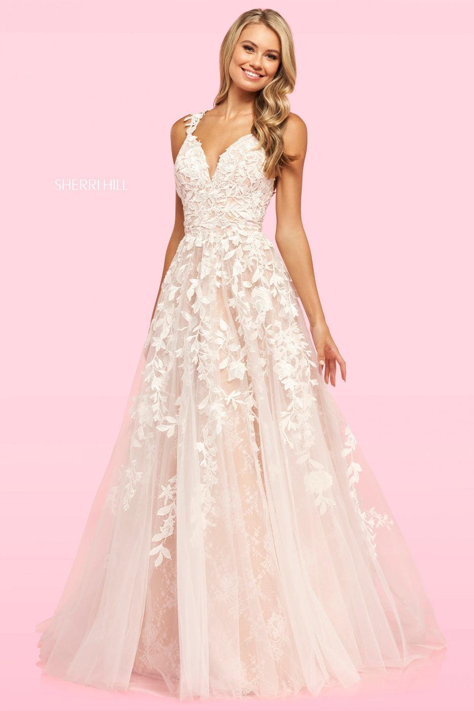 Sherri Hill Leaf Lace AppliquÃ© A-line Gown With A V Sweetheart Neckline And Lace Under Tulle Skirt With Long Lace Train