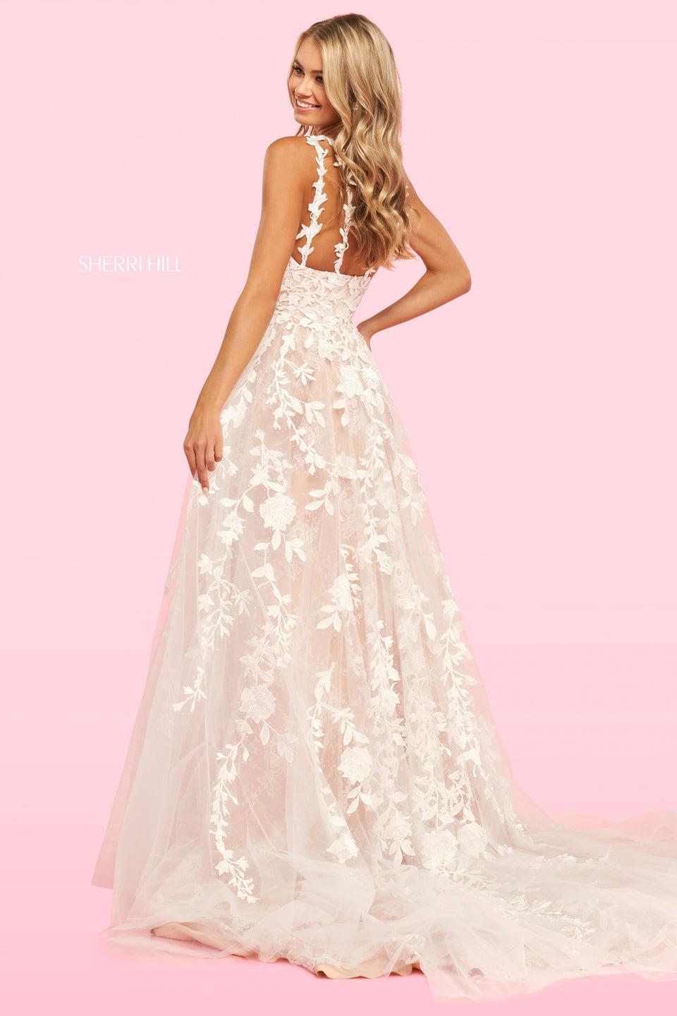 Sherri Hill Leaf Lace AppliquÃ© A-line Gown With A V Sweetheart Neckline And Lace Under Tulle Skirt With Long Lace Train