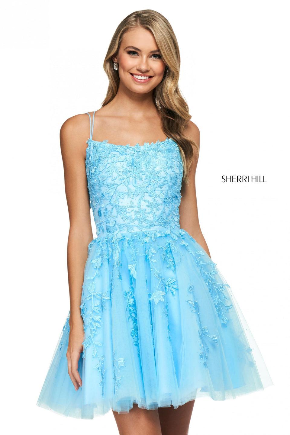 Sherri Hill Leaf Lace Appliqued Tulle A-line Cocktail Dress With Rounded Neckline And Lace Up Back