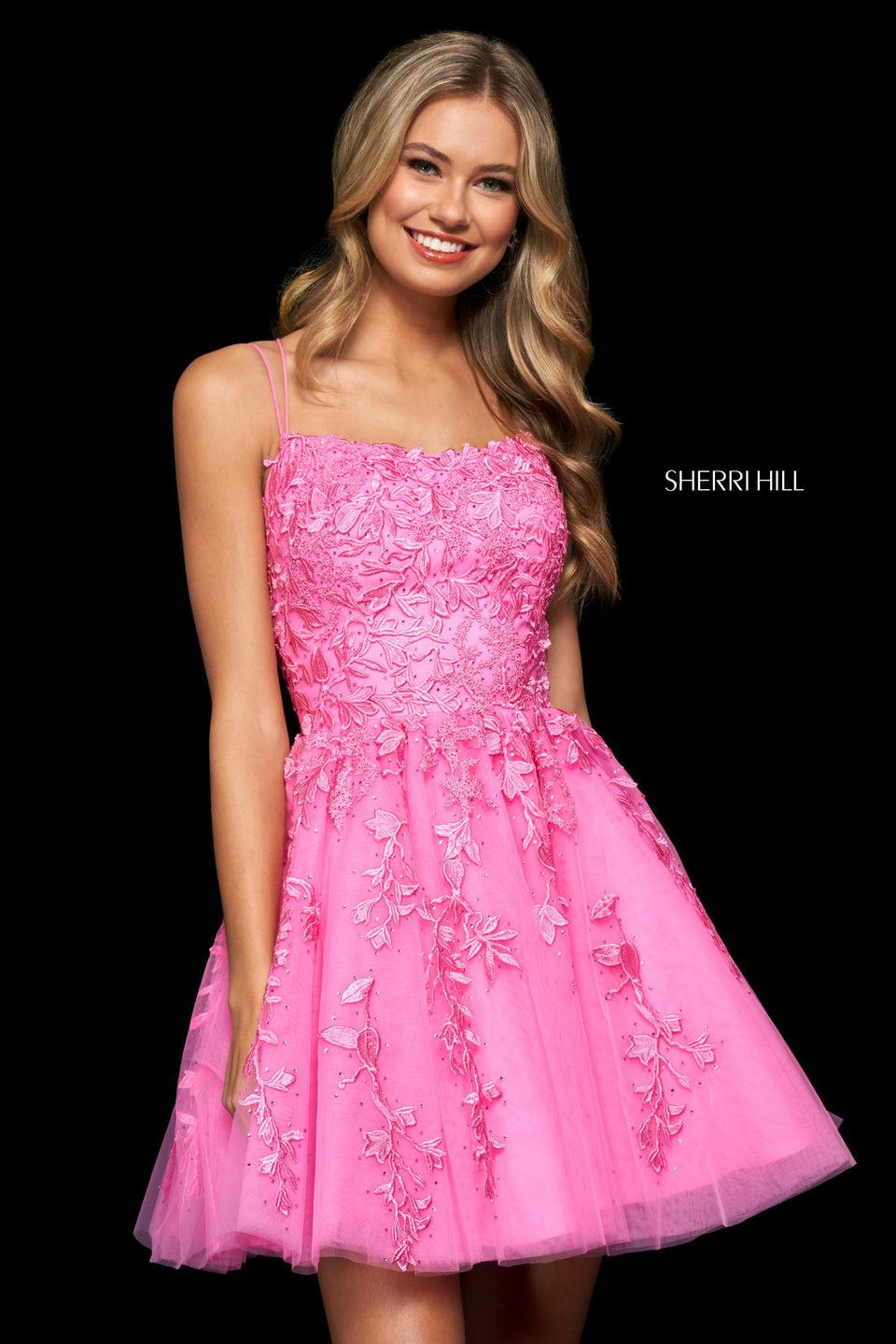 sherri hill Leaf lace appliqued tulle A-line cocktail dress with rounded neckline and lace up back