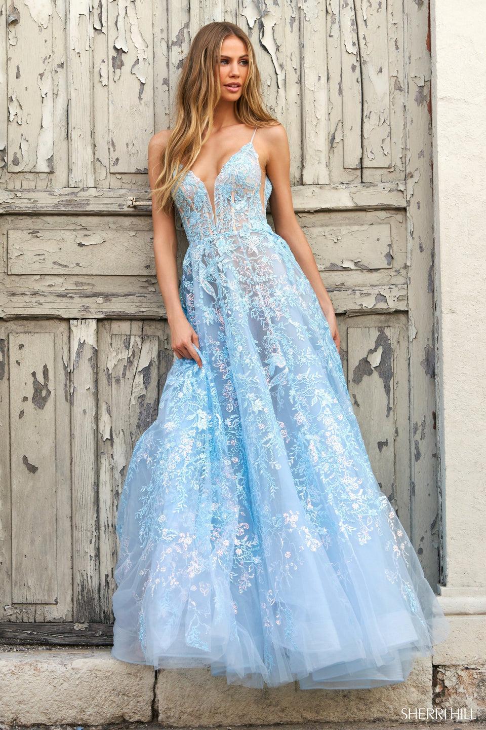 Sherri Hill Leaf Lace Embellished A-line Gown With Plunging Deep V-neckline Boned Bodice And Sheer Sides