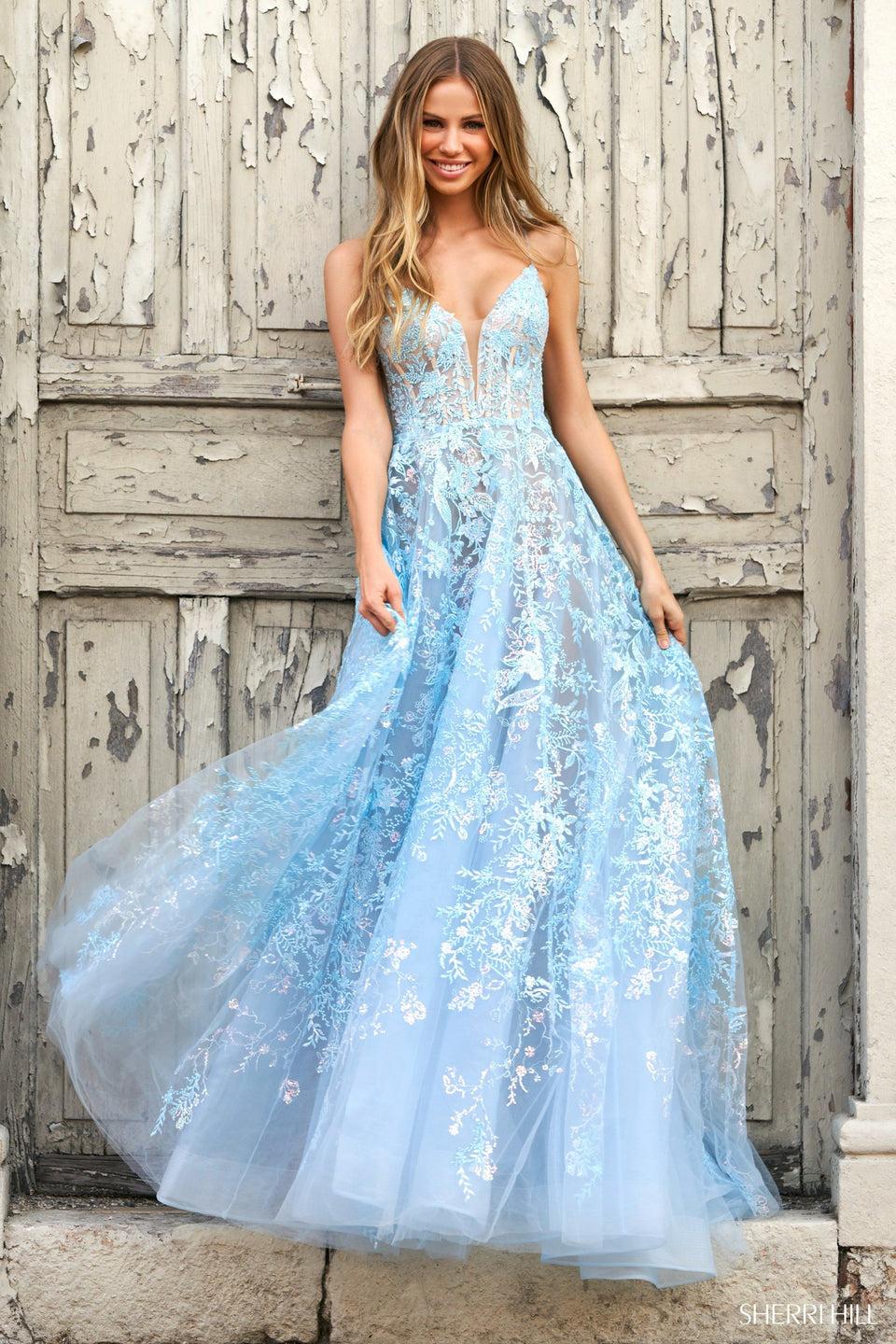 sherri hill Leaf lace embellished A-line gown with plunging deep v-neckline boned bodice and sheer sides