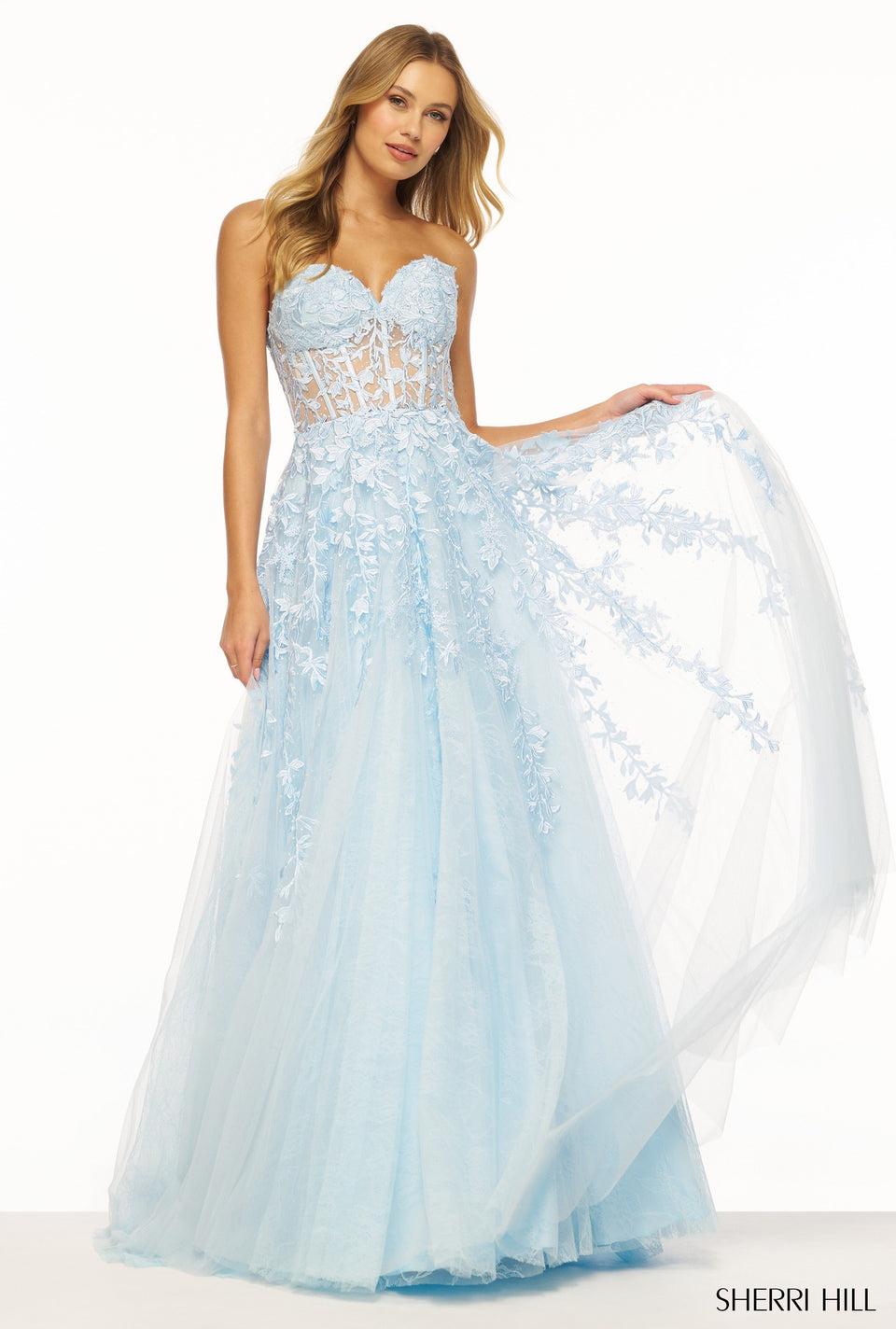 Sherri Hill Leaf Lace Embroidered A-line Gown With A Sheer Corset Top Sweetheart Neckline And Lace Up Back