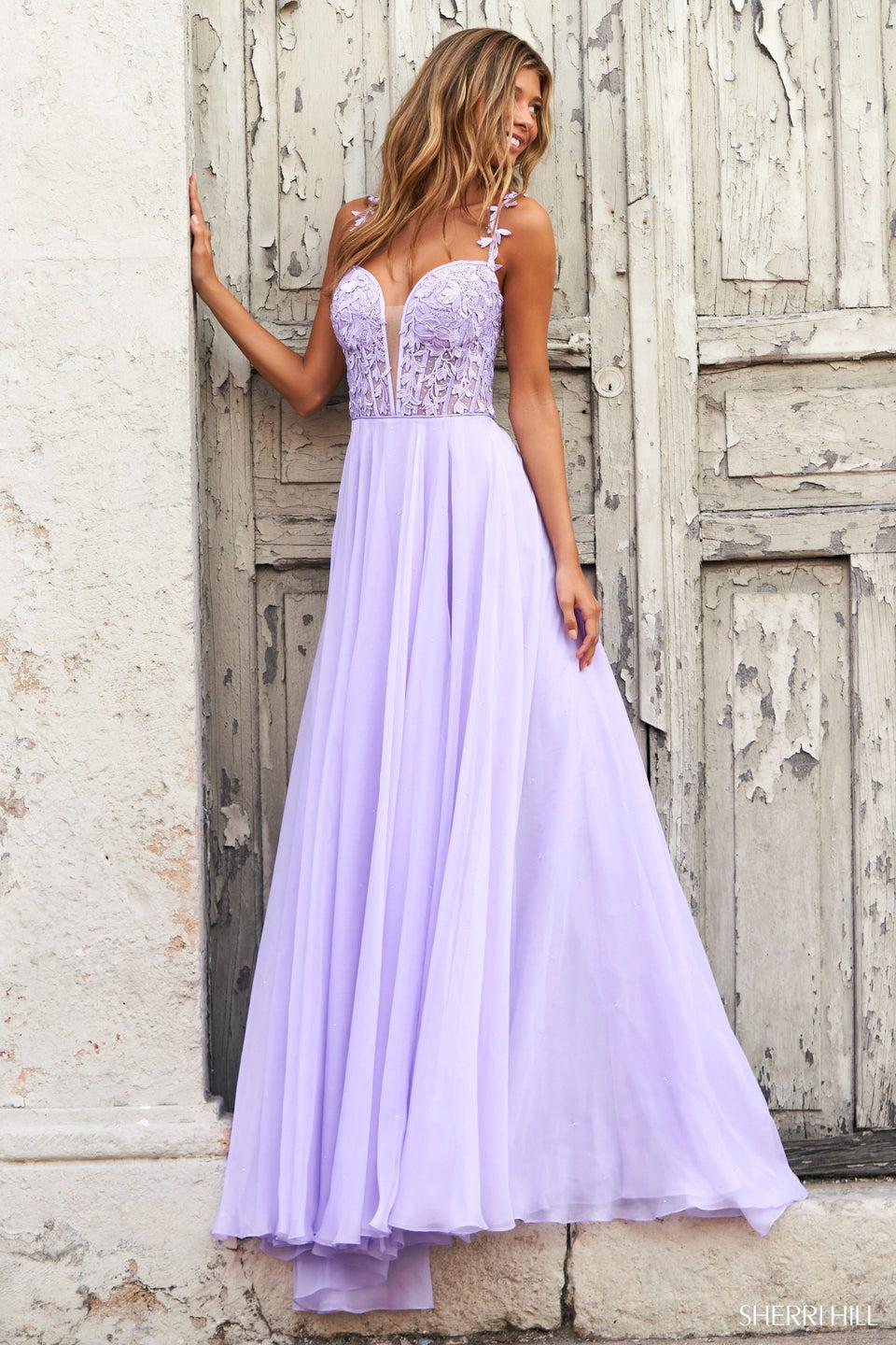 Sherri Hill Leaf Lace Embroidered Bodice With Spaghetti Straps And Chiffon Skirt
