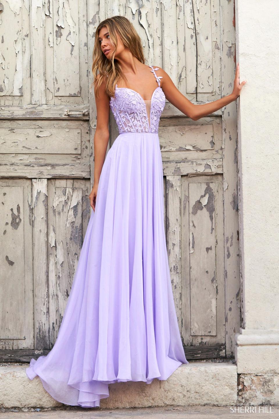 sherri hill Leaf lace embroidered bodice with spaghetti straps and chiffon skirt
