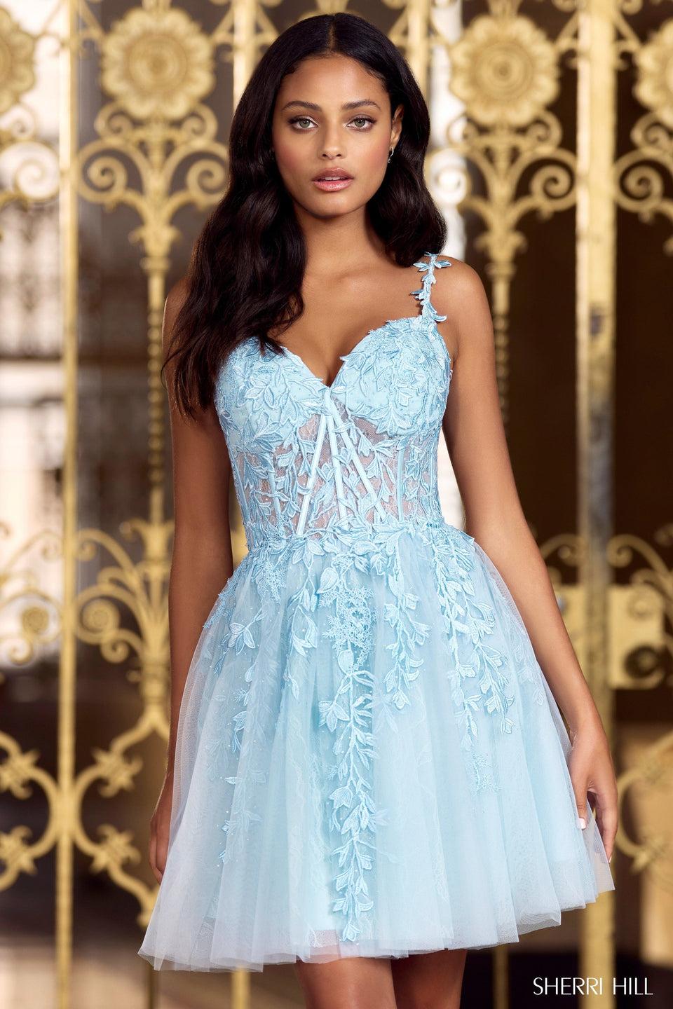 Sherri Hill Leaf Lace Embroidered Cocktail Dress With Corset Top And Spaghetti Straps
