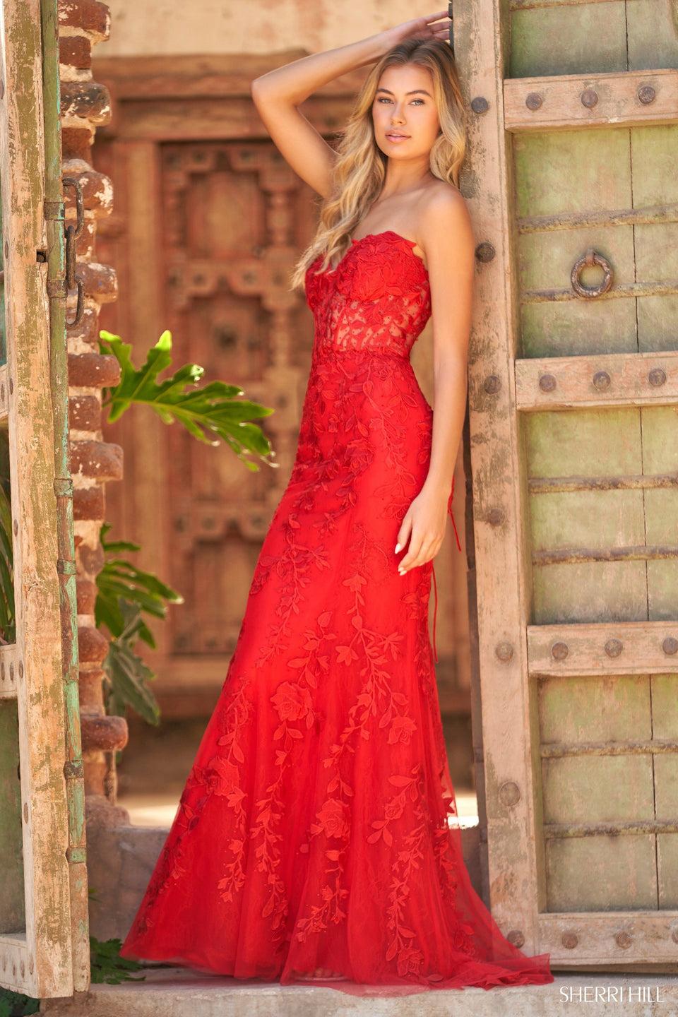 Sherri Hill Leaf Lace Embroidered Fitted Gown With A Corset Top And A Sweetheart Neckline
