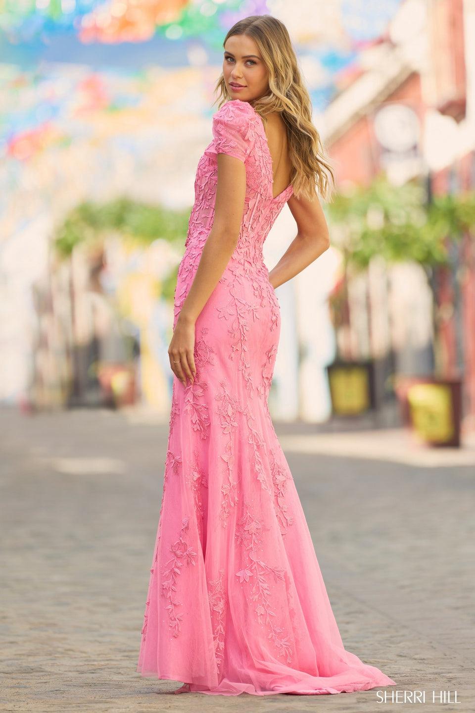 Sherri Hill Leaf Lace Gown With Scoop Neckline Corset Sheer Bodice And Ballon Sleeves