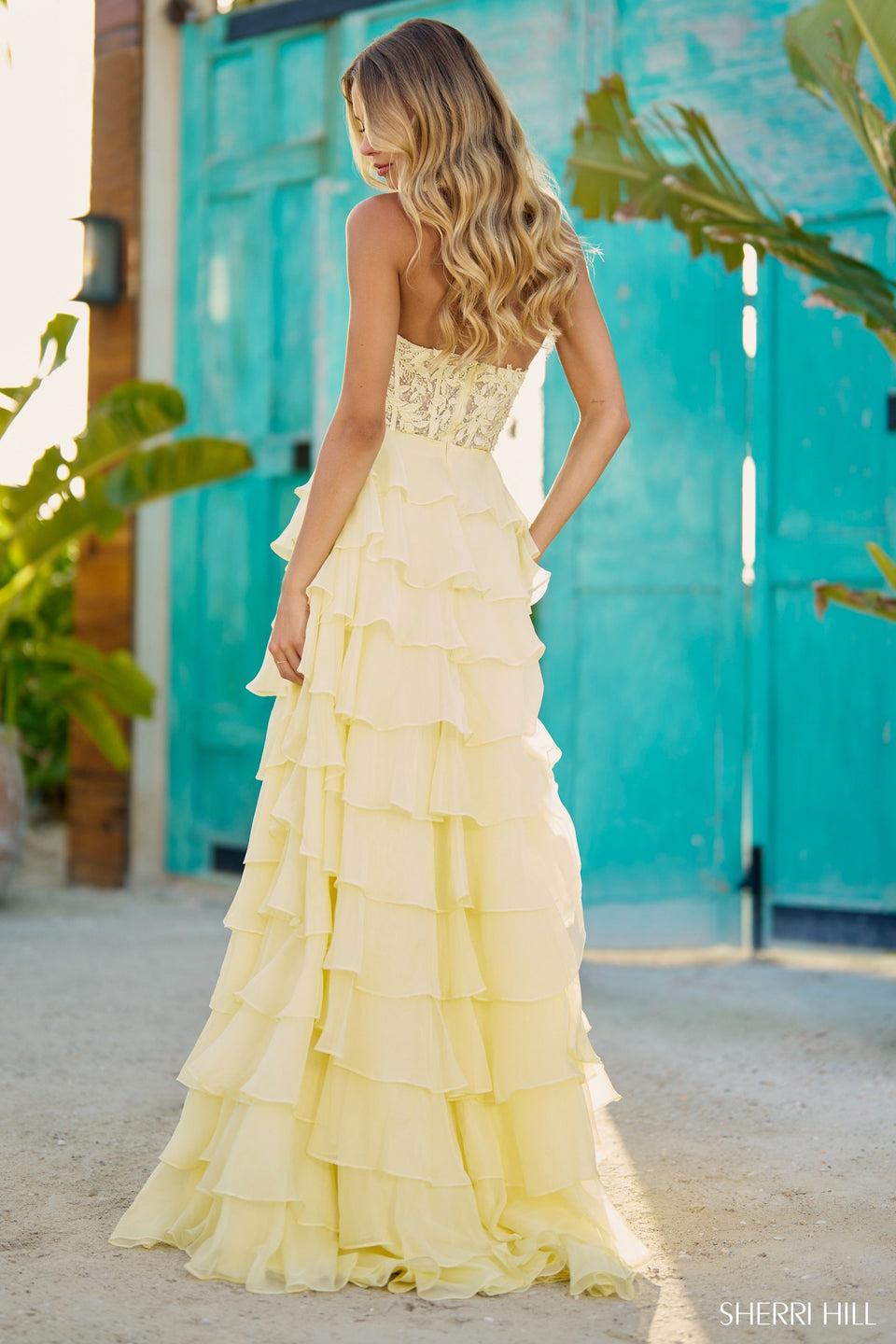 Sherri Hill Leaf Lace High Neckline Gown With Beaded Chocker 3D Flower And Ruffle Chiffon Skirt Slit
