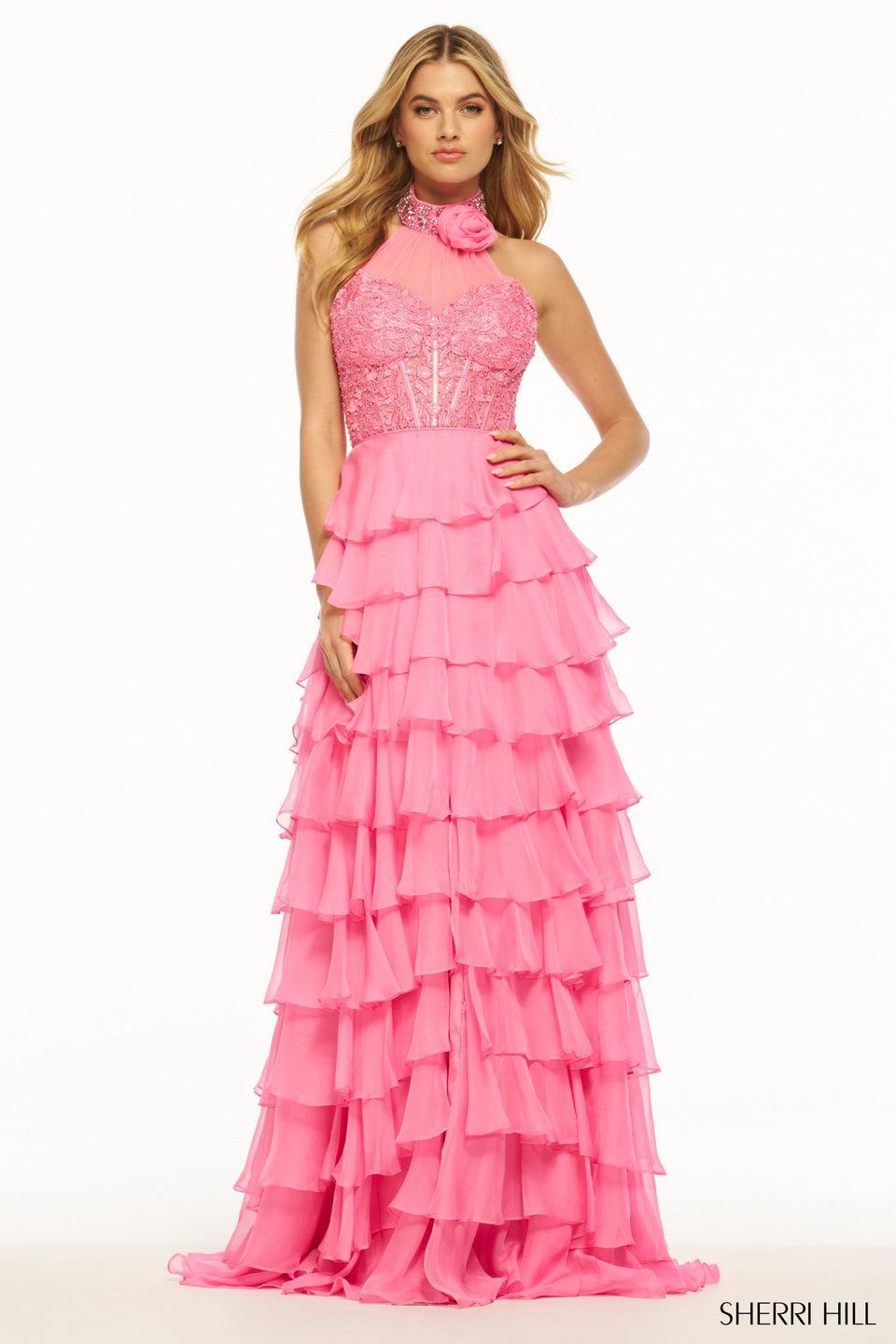 Sherri Hill Leaf Lace High Neckline Gown With Beaded Chocker 3D Flower And Ruffle Chiffon Skirt Slit