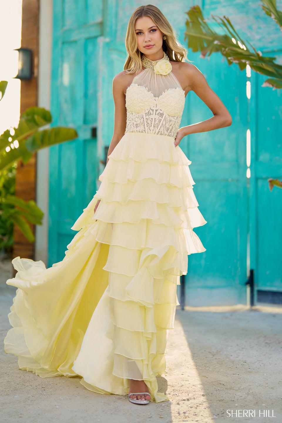 sherri hill Leaf lace high neckline gown with beaded chocker 3D flower and ruffle chiffon skirt slit