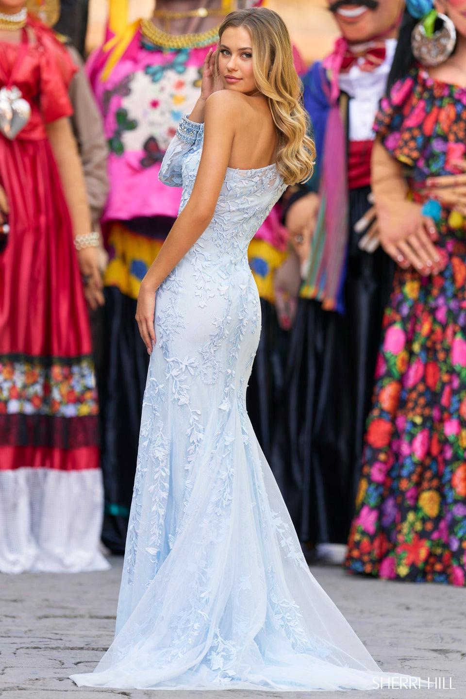 Sherri Hill Leaf Lace One Shoulder Gown With Beaded Embellishments On The Sleeve