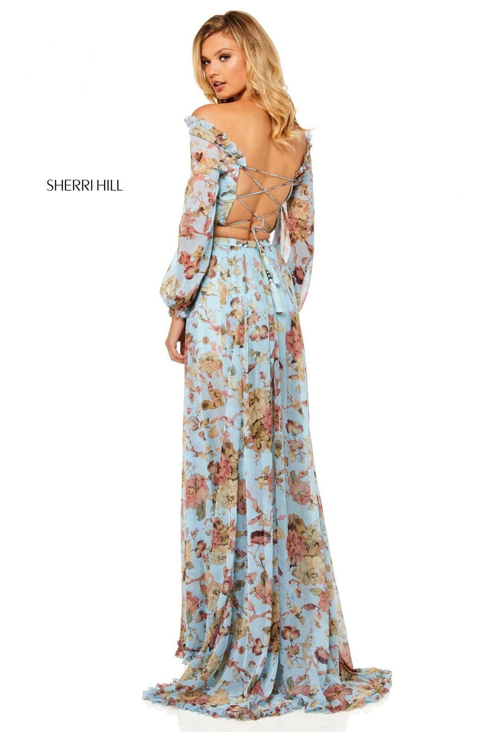 Sherri Hill Light Blue Floral Chiffon Print High-low With A Sheer Long Sleeve Bodice And Lace Up Back