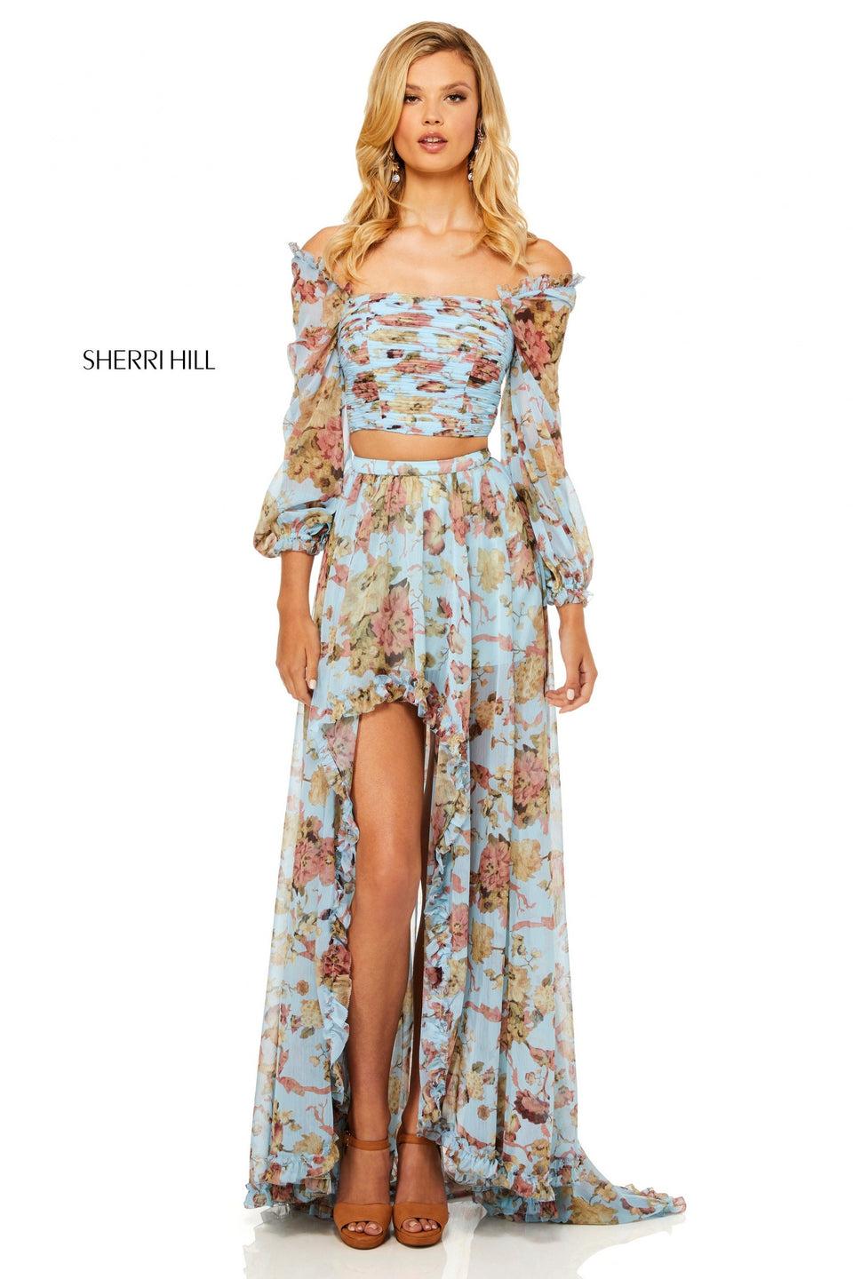 Sherri Hill Light Blue Floral Chiffon Print High-low With A Sheer Long Sleeve Bodice And Lace Up Back