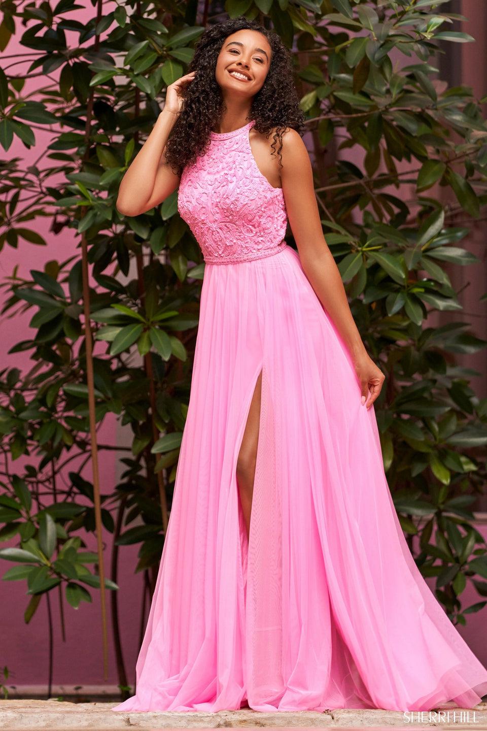 Sherri Hill Long Gown With High Cut Halter Neckline Beaded Top Tulle Skirt With Slit And Open Back