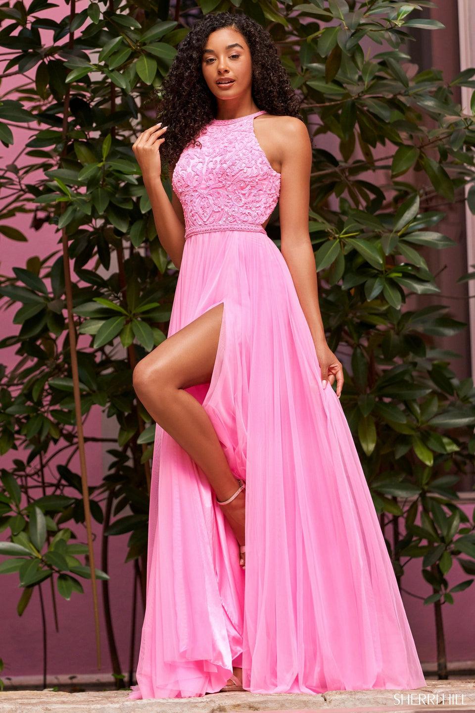 sherri hill Long gown with high cut halter neckline beaded top tulle skirt with slit and open back