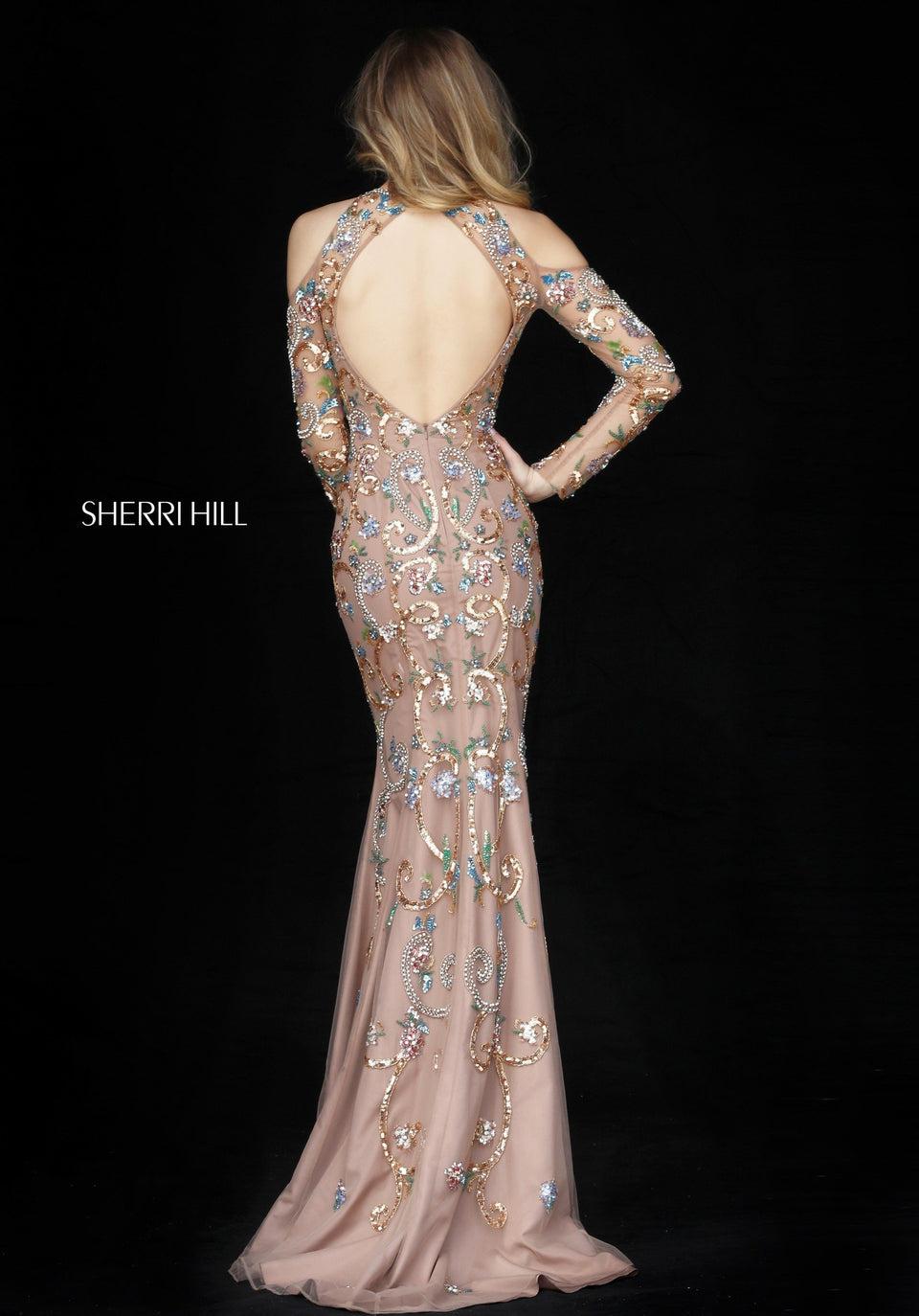Sherri Hill Long Sleeve Bead Appliqued Gown With Cut Out Shoulders And Back