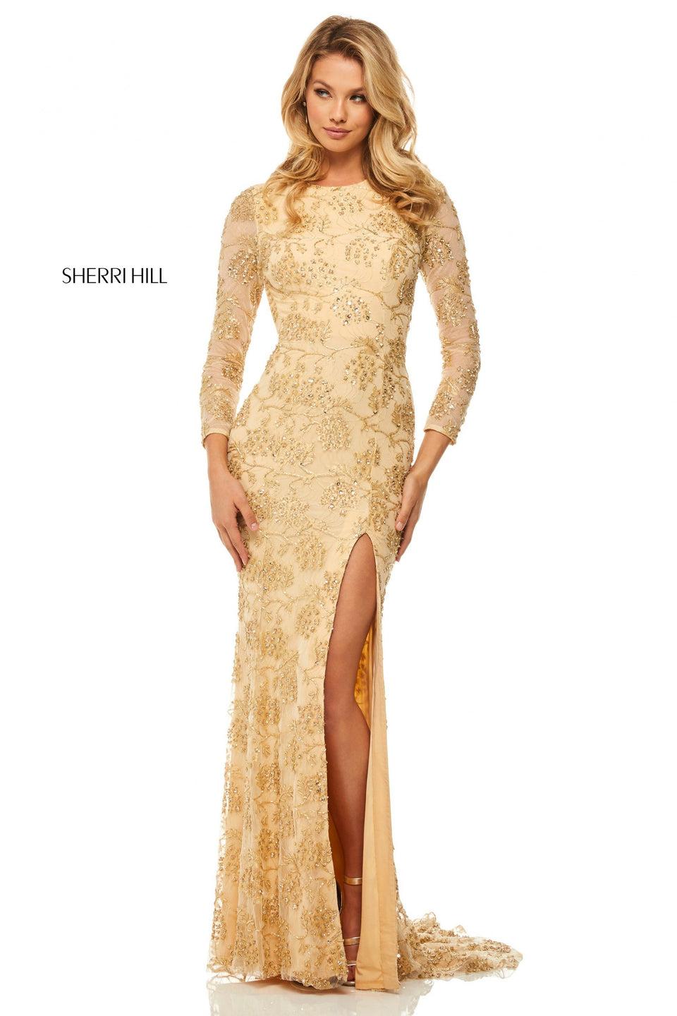 Sherri Hill Long Sleeve Beaded And Sequin Lace Gown With Skirt Slit And Open Back
