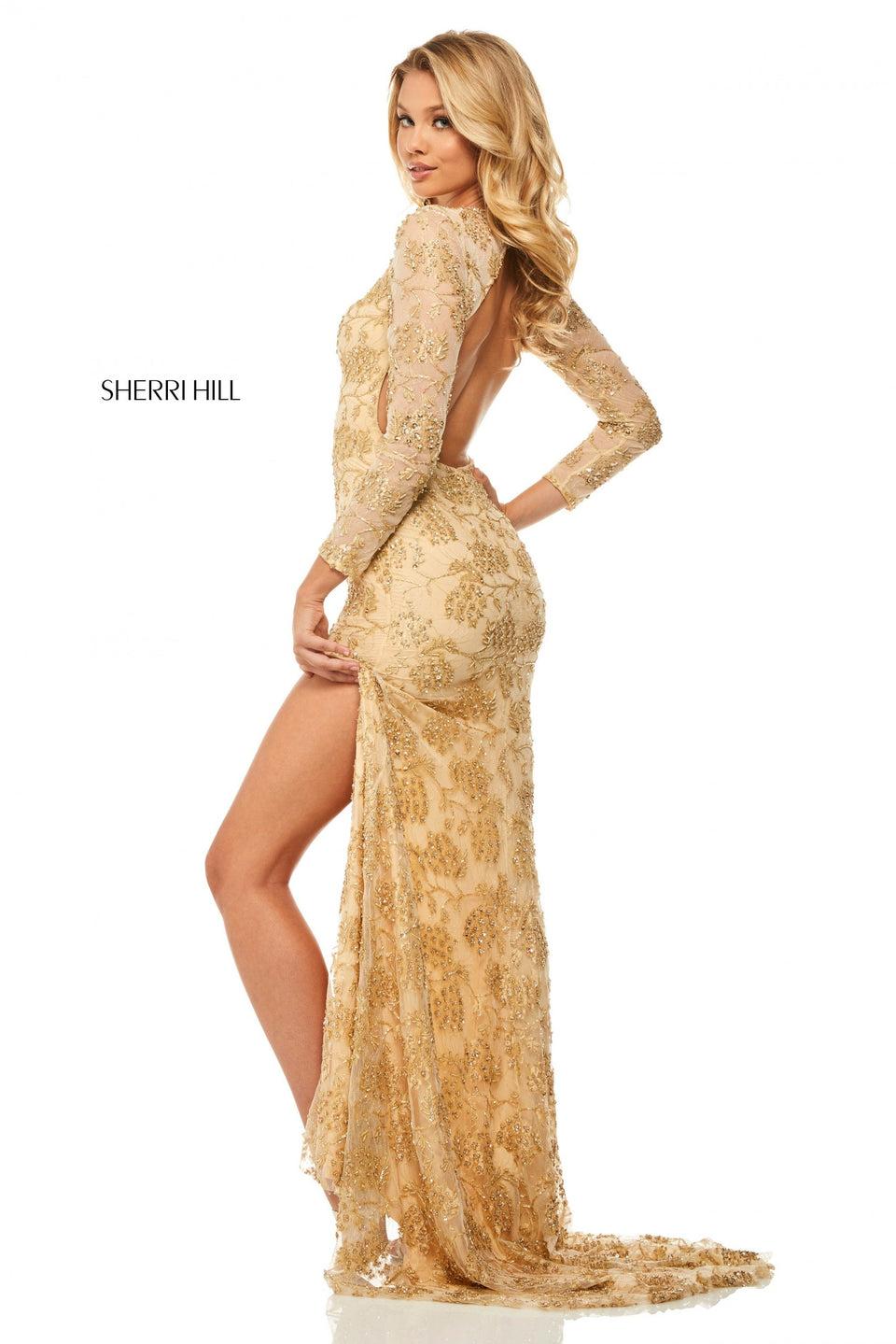 sherri hill Long sleeve beaded and sequin lace gown with skirt slit and open back