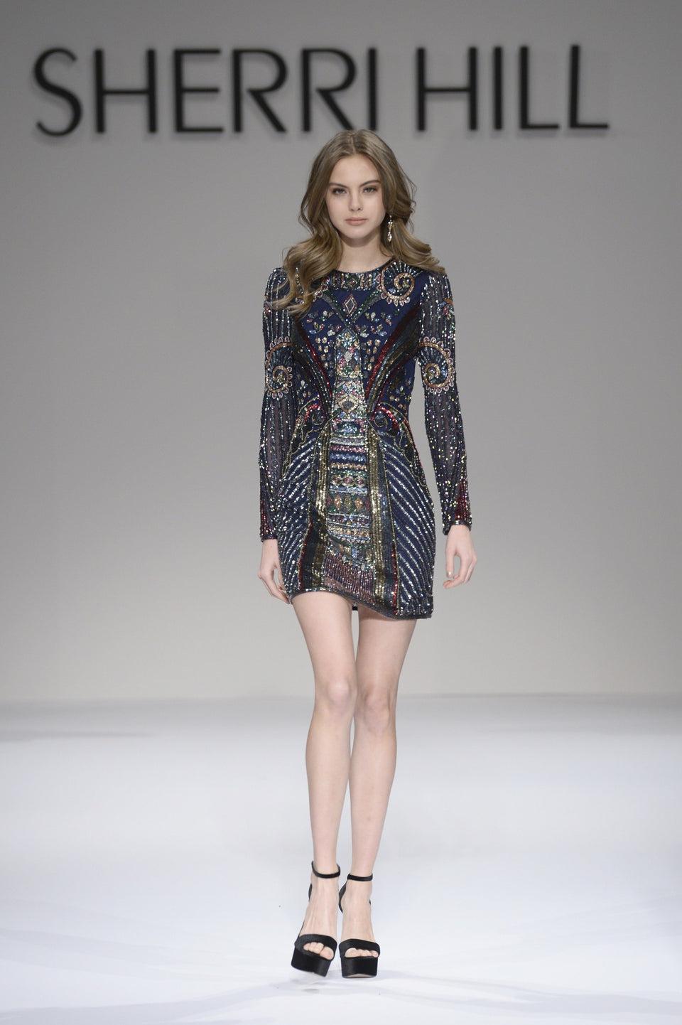 sherri hill Long sleeve beaded cocktail dress with keyhole back