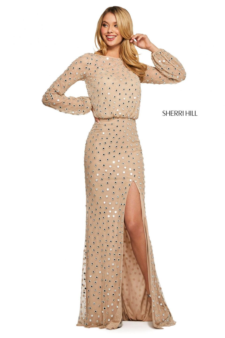Sherri Hill Long Sleeve Chiffon Dress With Shisha Embroidery Blousson Top With Keyhole Back And Skirt Slit