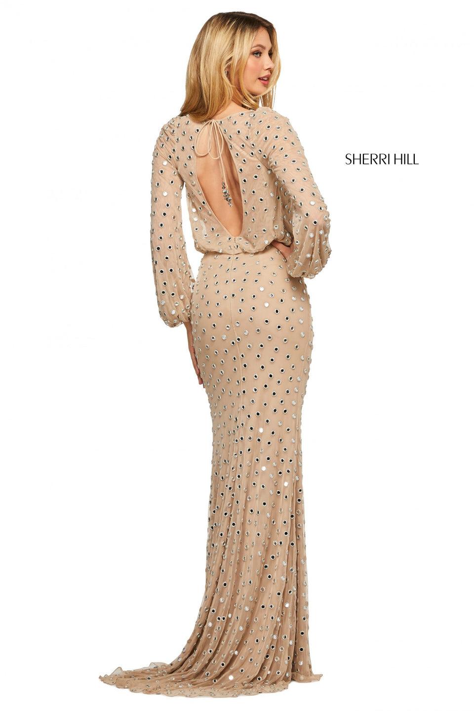 Sherri Hill Long Sleeve Chiffon Dress With Shisha Embroidery Blousson Top With Keyhole Back And Skirt Slit
