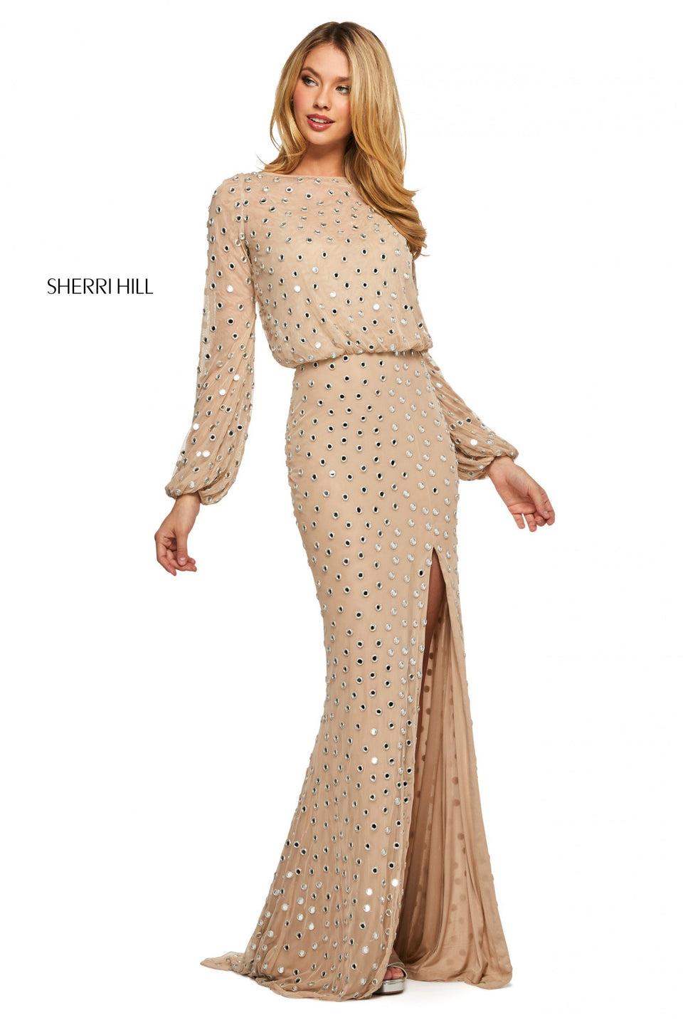 sherri hill Long sleeve chiffon dress with shisha embroidery blousson top with keyhole back and skirt slit