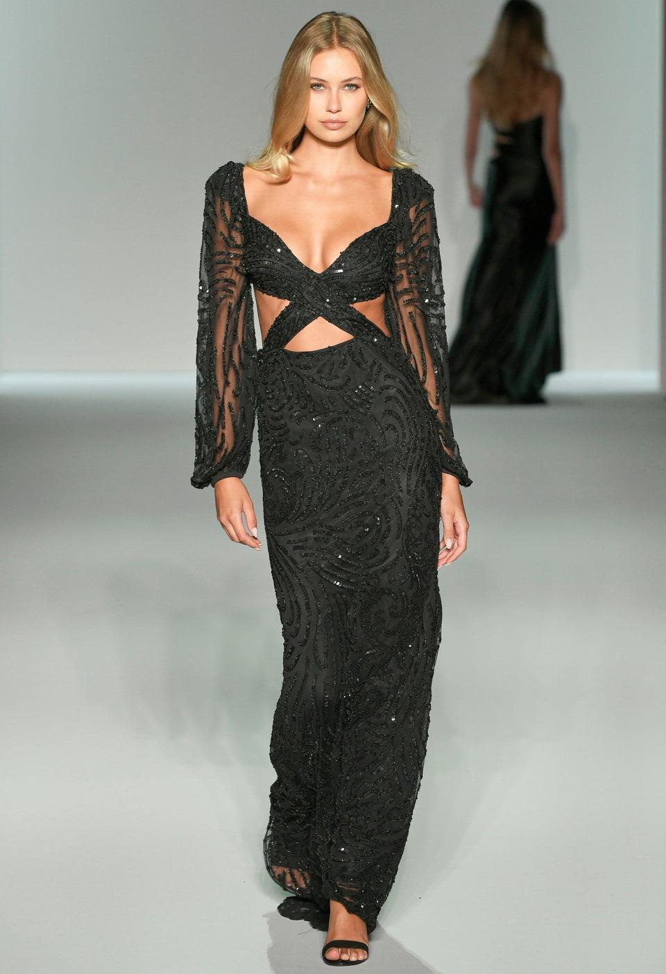 sherri hill Long sleeve fitted beaded gown with side cut out