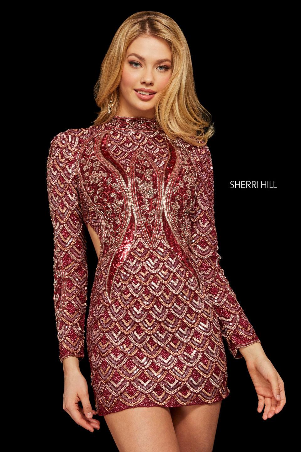 Sherri Hill Long Sleeve High Neck Beaded And Sequin Cocktail Dress With Side Cut Outs And Open Back