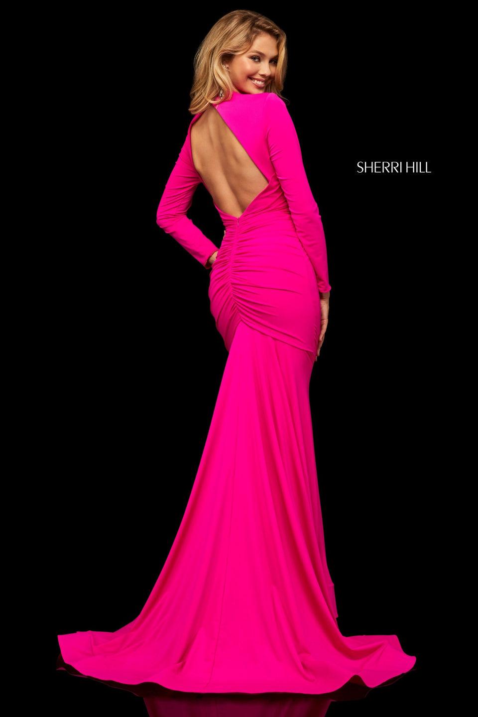 Sherri Hill Long Sleeve Jersey Fit-and-flare With Plunging Neckline And Gathered Waistline
