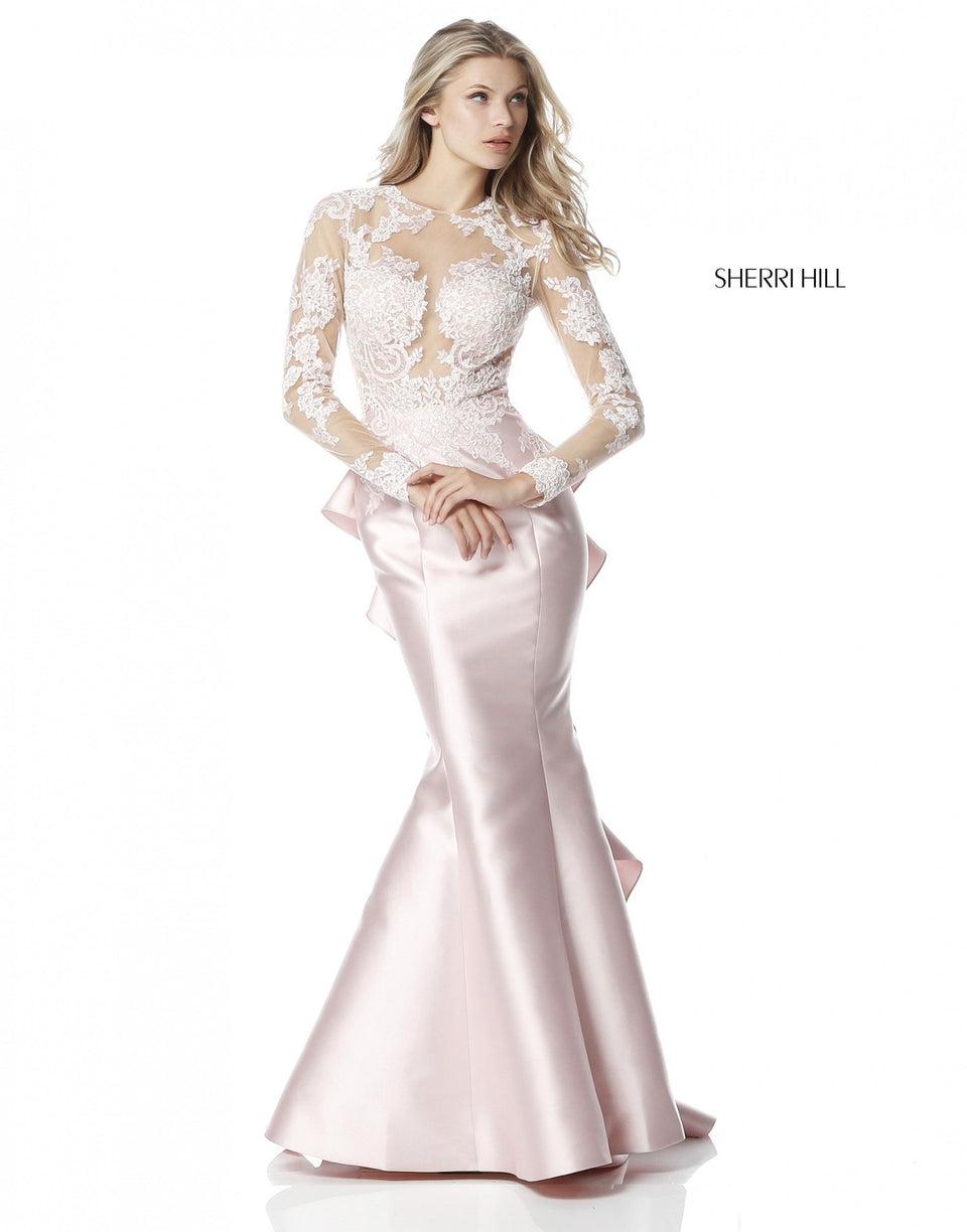 Sherri Hill Long Sleeve Lace Appliqued Bodice With Open Back And Satin Ruffled Mermaid Skirt