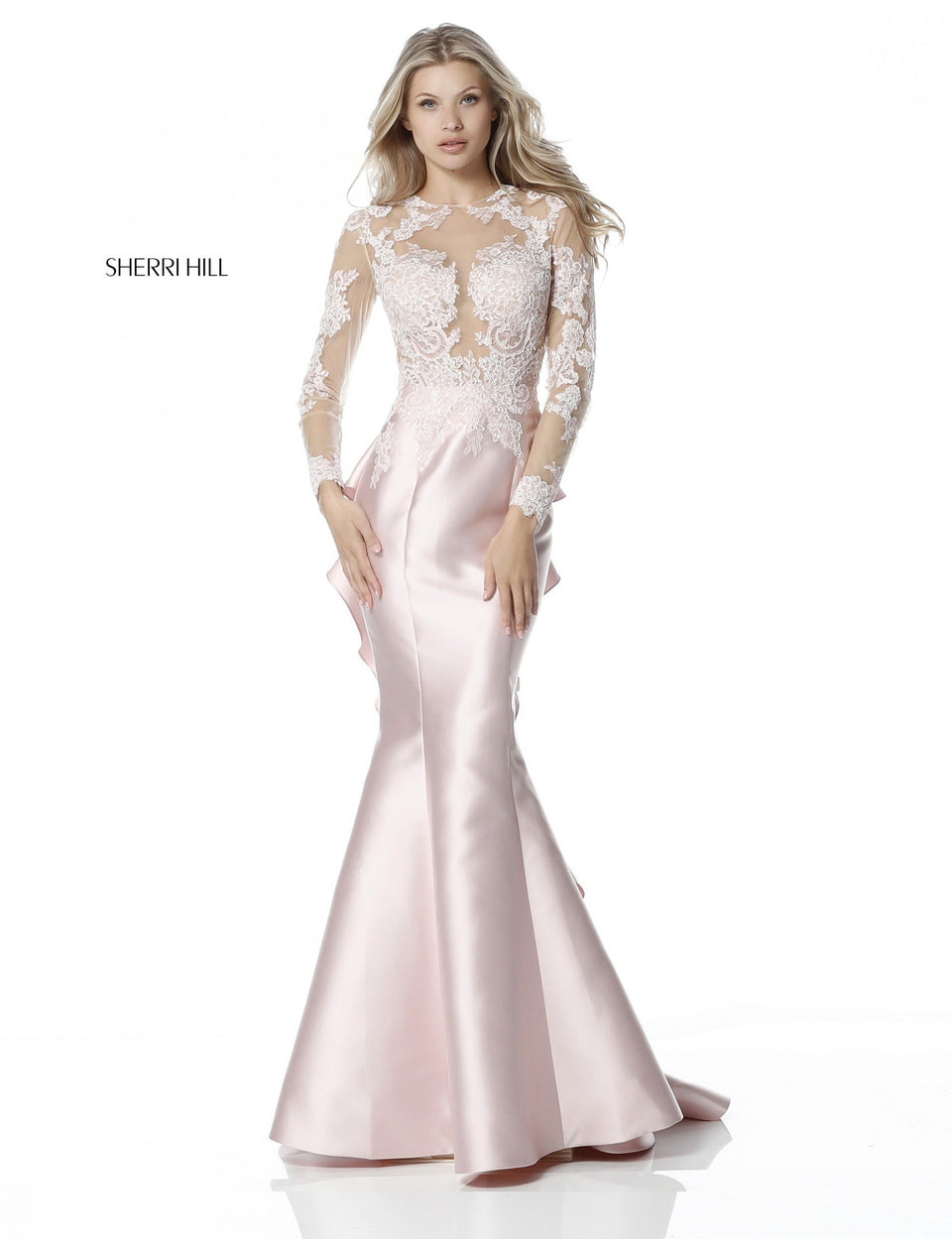 Sherri Hill Long Sleeve Lace Appliqued Bodice With Open Back And Satin Ruffled Mermaid Skirt