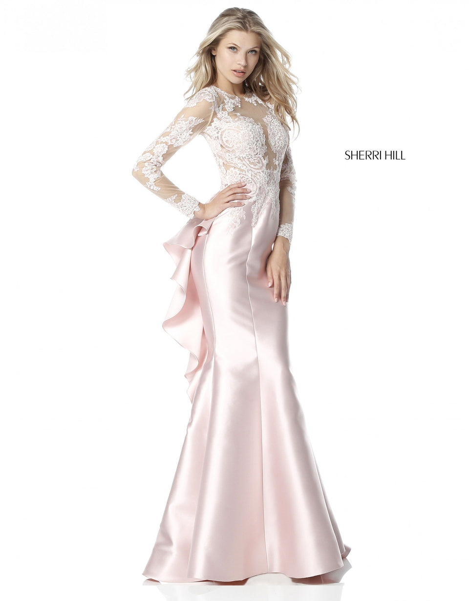 Sherri Hill Long Sleeve Lace Appliqued Bodice With Open Back And Satin Ruffled Mermaid Skirt