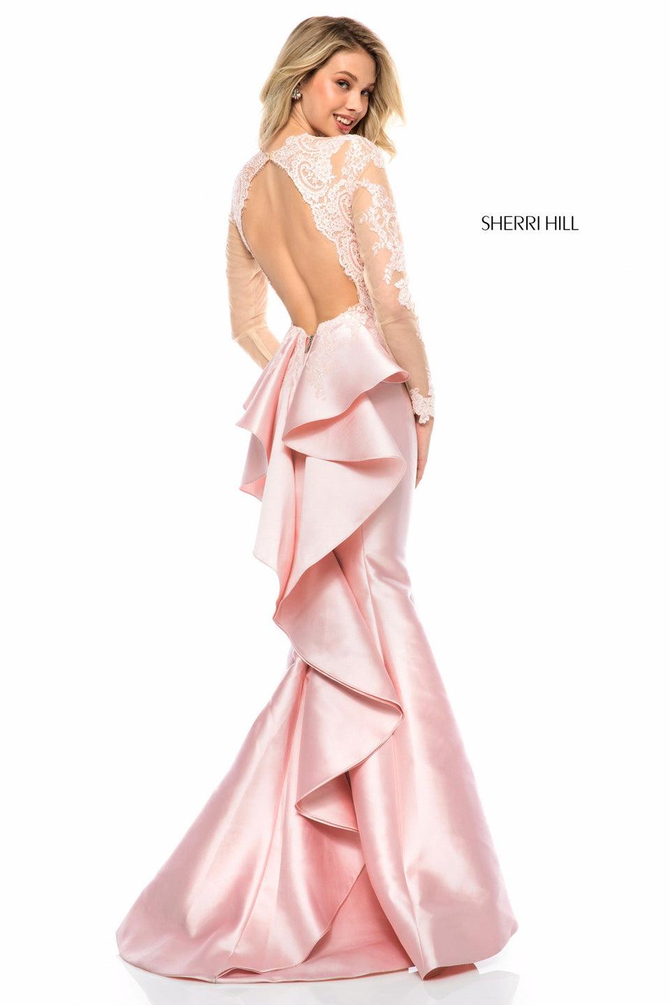 sherri hill Long sleeve lace appliqued bodice with open back and satin ruffled mermaid skirt