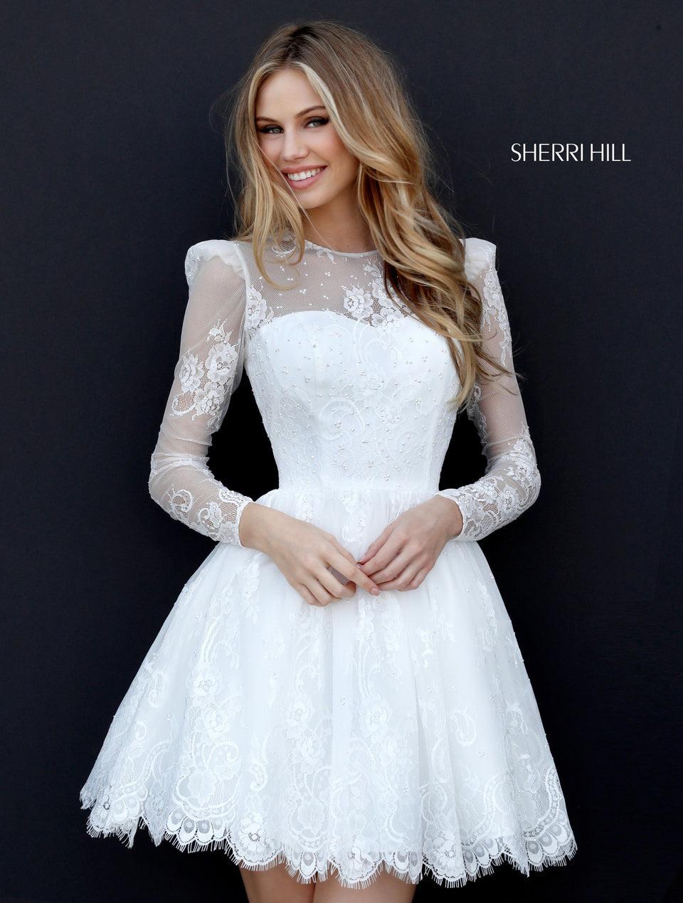 sherri hill Long sleeve lace appliqued cocktail with A-line skirt