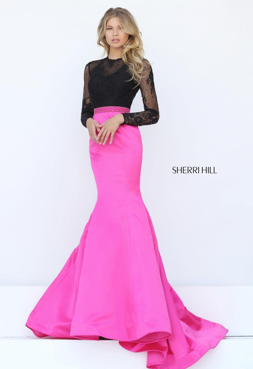 sherri hill Long sleeve lace bodice with a satin mermaid skirt