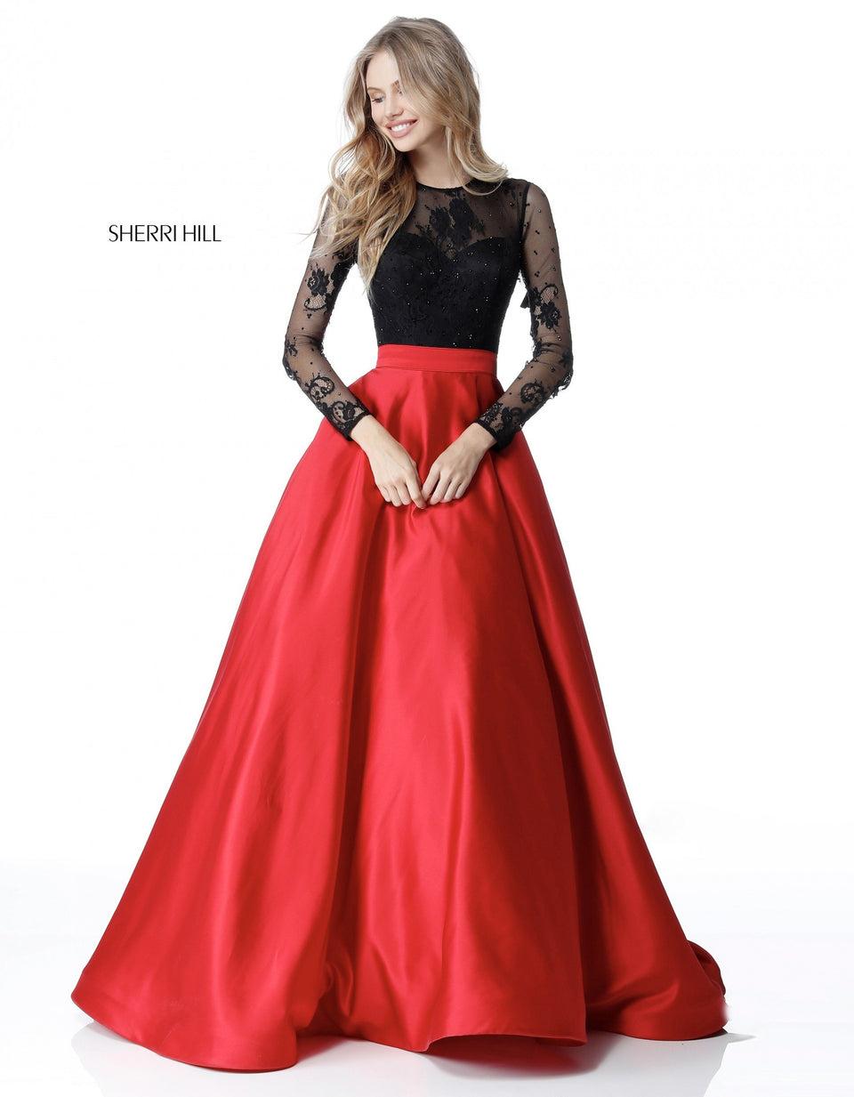 Sherri Hill Long Sleeve Lace Bodice With Satin Ball Gown Skirt