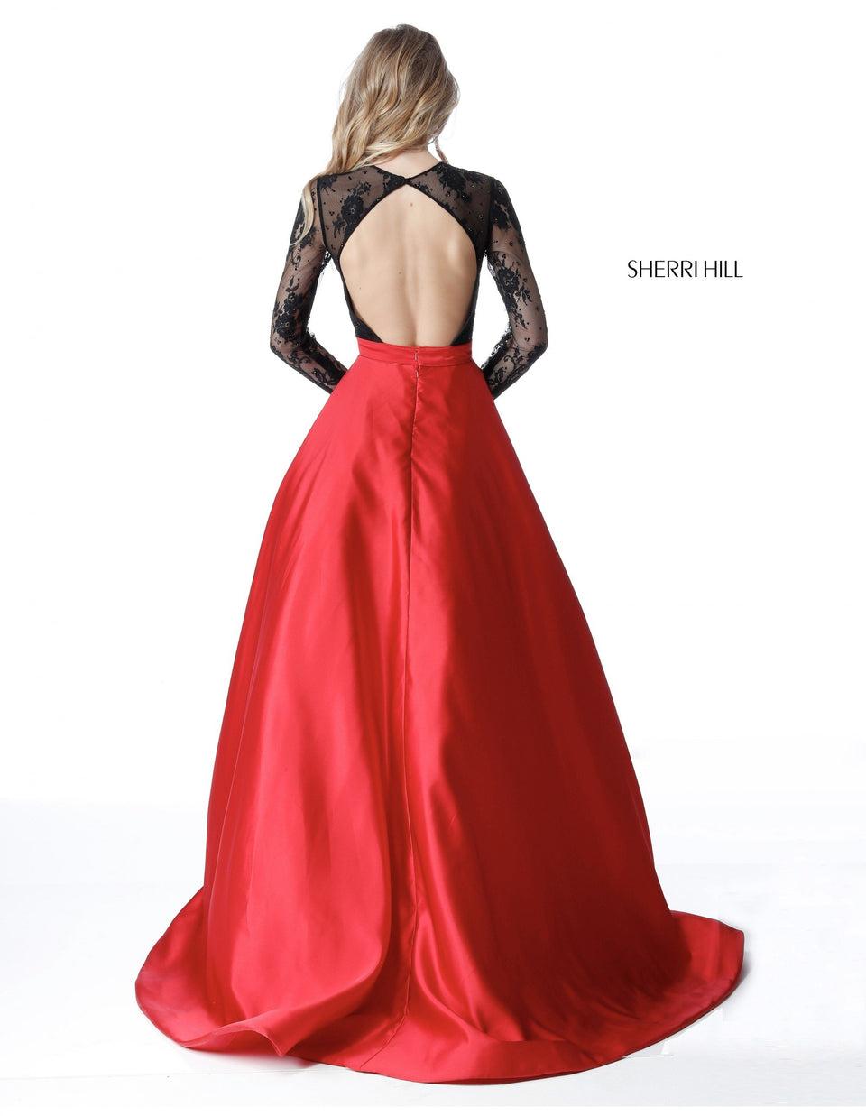 Sherri Hill Long Sleeve Lace Bodice With Satin Ball Gown Skirt