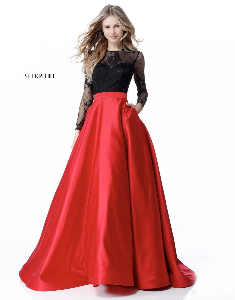 sherri hill Long sleeve lace bodice with satin ball gown skirt