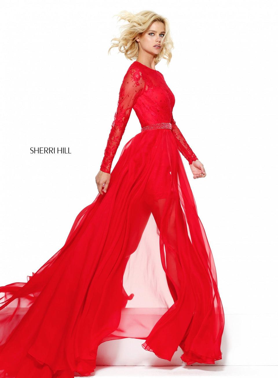 Sherri Hill Long Sleeve Lace Cocktail With A Chiffon Over Skirt And Beaded Waist Band