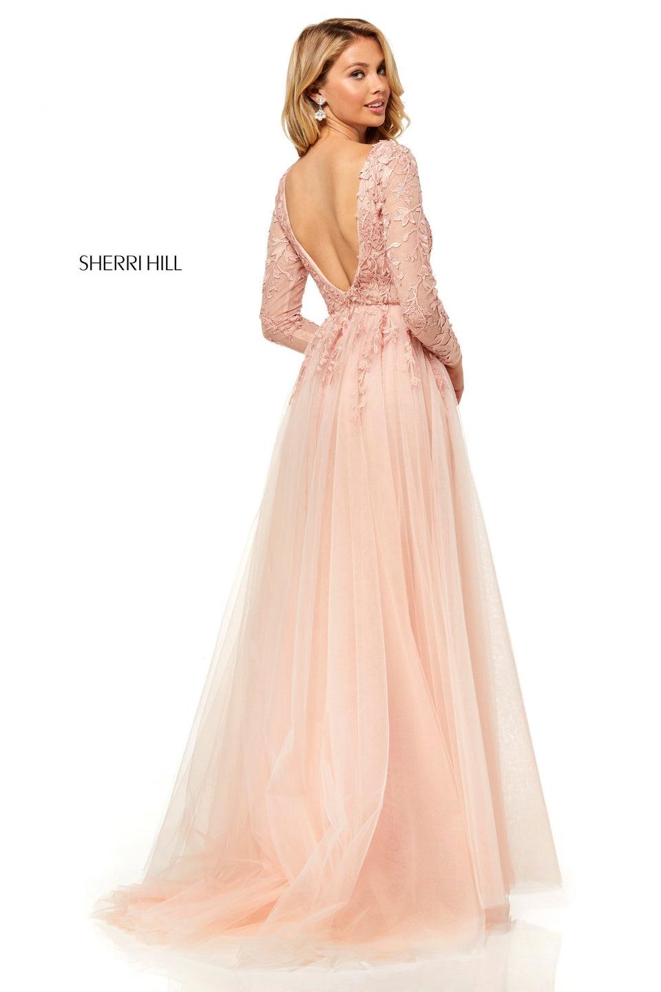 Sherri Hill Long Sleeve Lace Fitted Gown With A Tulle Over Skirt
