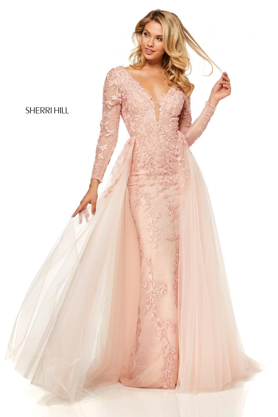 Sherri Hill Long Sleeve Lace Fitted Gown With A Tulle Over Skirt