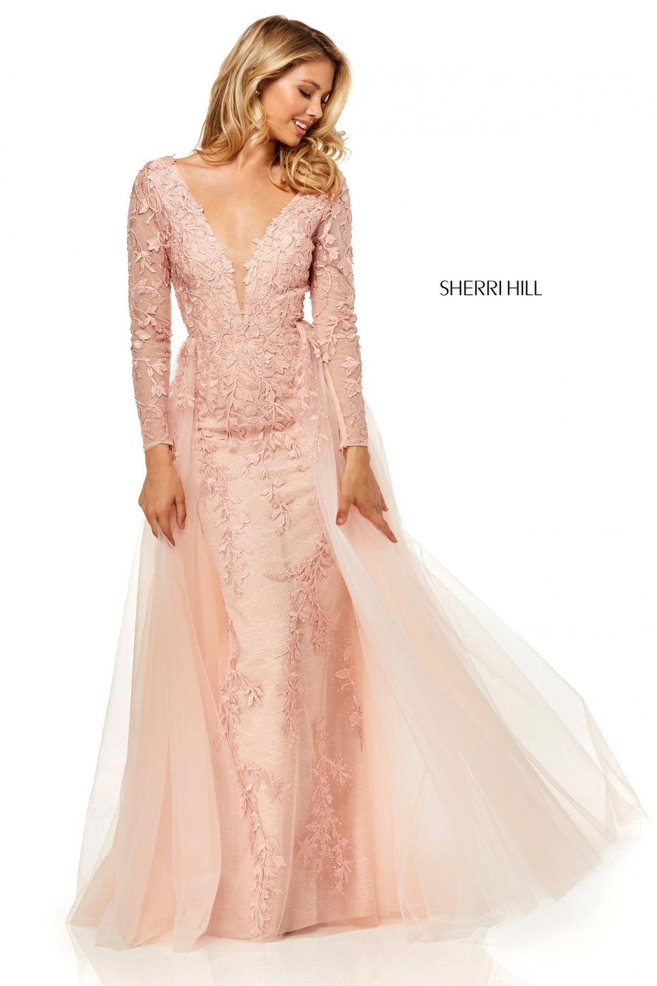 Sherri Hill Long Sleeve Lace Fitted Gown With A Tulle Over Skirt