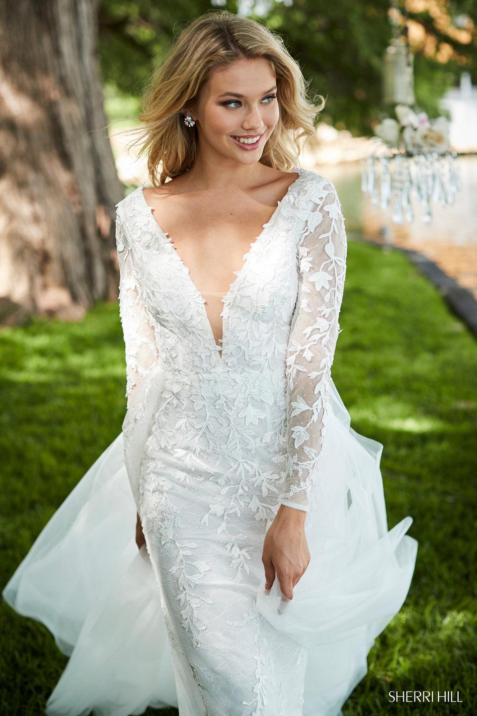 sherri hill Long sleeve lace fitted gown with a tulle over skirt