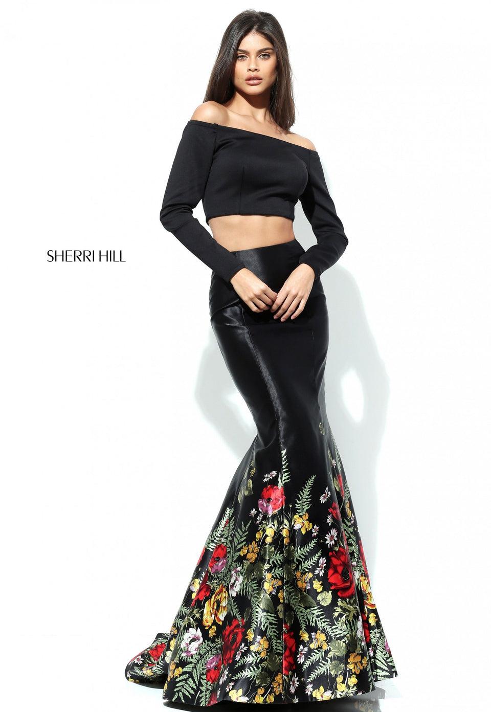 Sherri Hill Long Sleeve Off-the-shoulder Two Piece Mermaid With Satin Floral Border